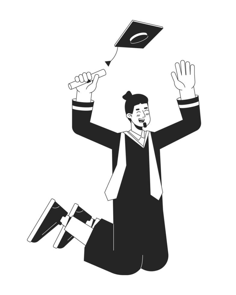 Jumping graduate male caucasian flat line black white vector character. Editable outline full body person. Happy student in academic dress simple cartoon isolated spot illustration for web design
