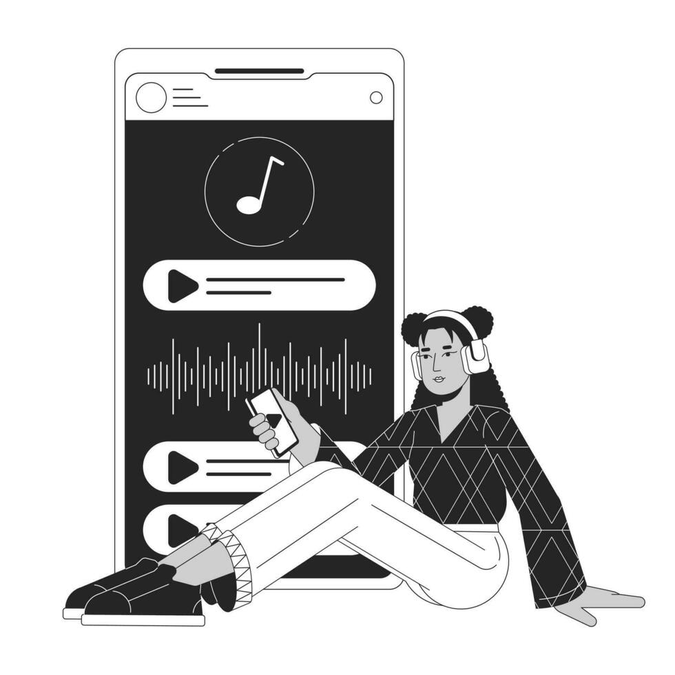 escuchando a música en teléfono inteligente bw concepto vector Mancha ilustración. mujer sentado en auriculares 2d dibujos animados plano línea monocromo personaje para web ui diseño.editable aislado contorno héroe imagen