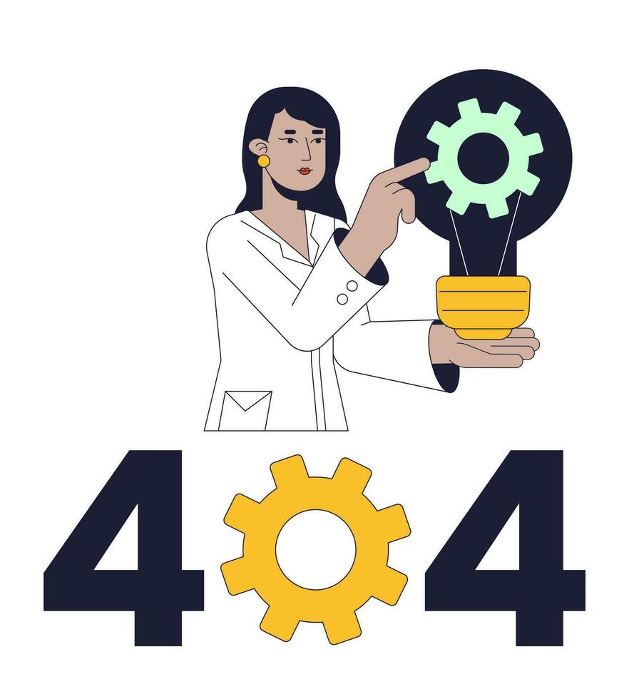 Mechanics science error 404 flash message. Busy woman turns cogwheel. Technology. Empty state ui design. Page not found popup cartoon image. Vector flat illustration concept on white background