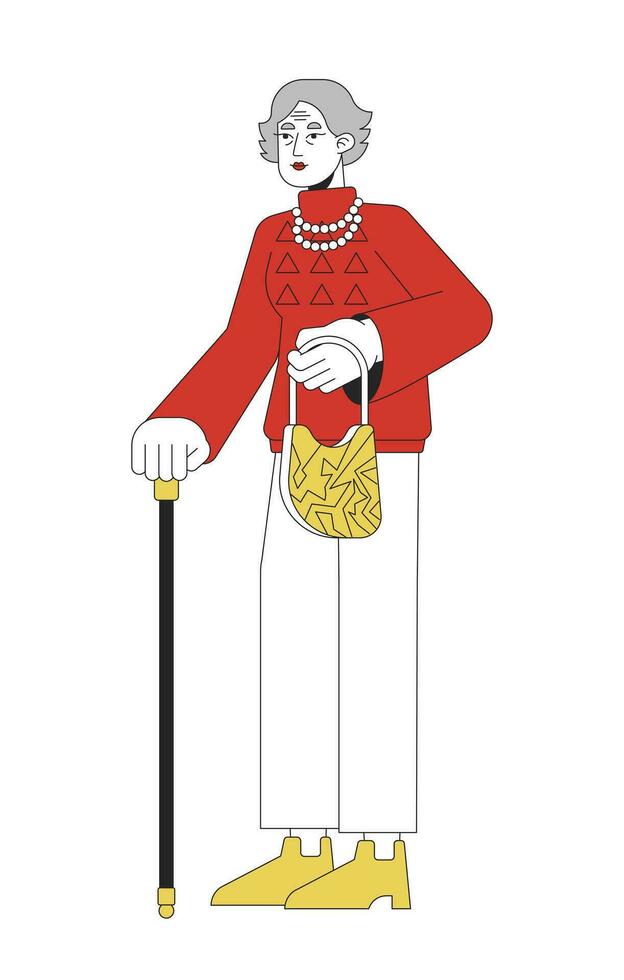 Stylish old woman with walking cane flat line color vector character. Editable outline full body person on white. Simple cartoon spot illustration for web graphic design