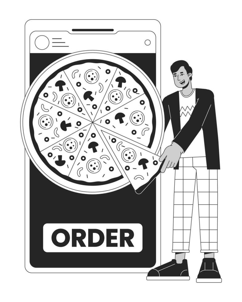 Online ordering food bw concept vector spot illustration. Man buying pizza by smartphone 2D cartoon flat line monochromatic character for web UI design.editable isolated outline hero image