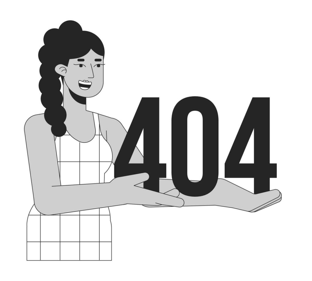 Happy latina woman holding black white error 404 flash message. Monochrome empty state ui design. Page not found popup cartoon image. Vector flat outline illustration concept