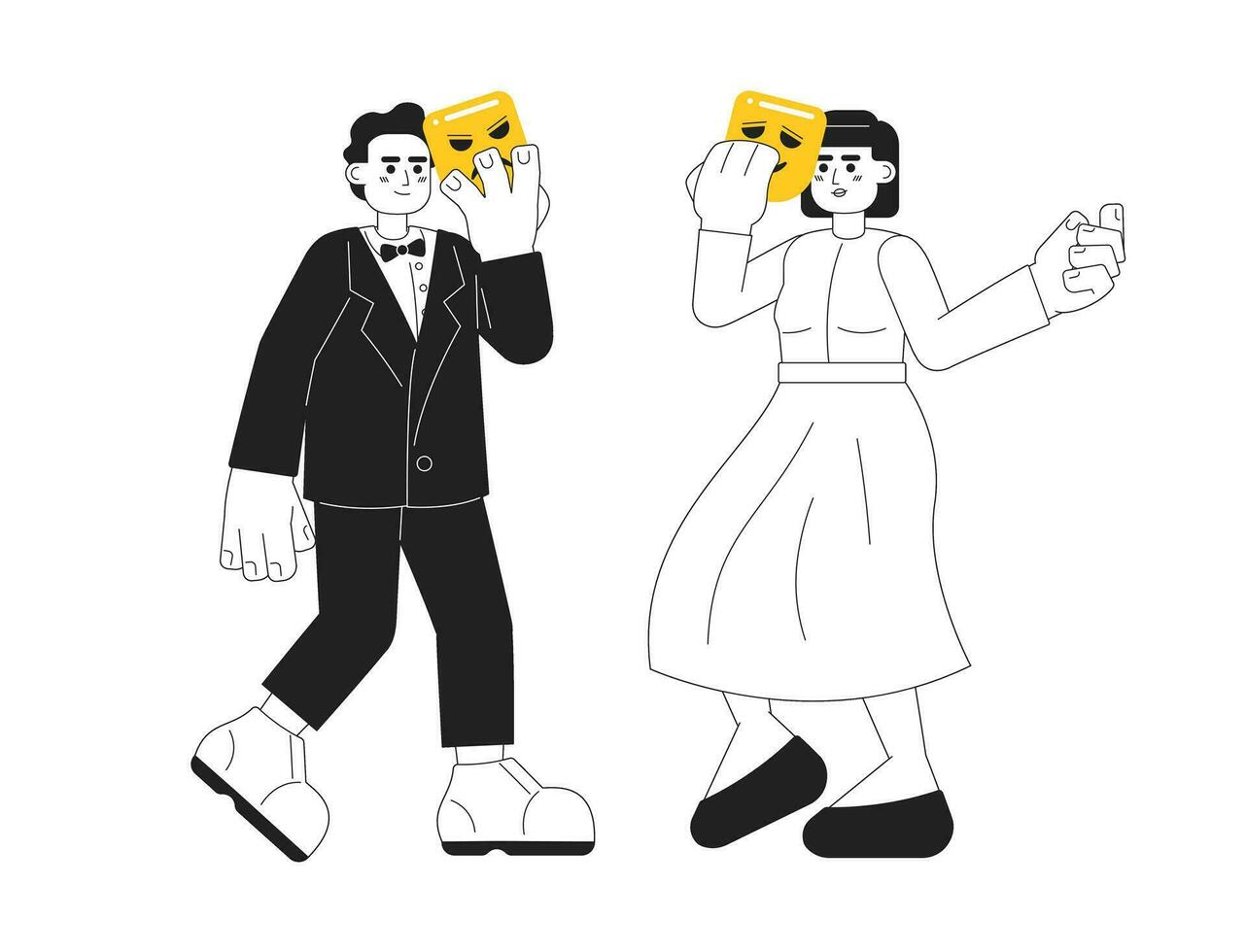 Theater actors with tragedy and comedy masks fmonochromatic flat vector characters. Editable thin line full body acting people on white. Simple bw cartoon spot image for web graphic design