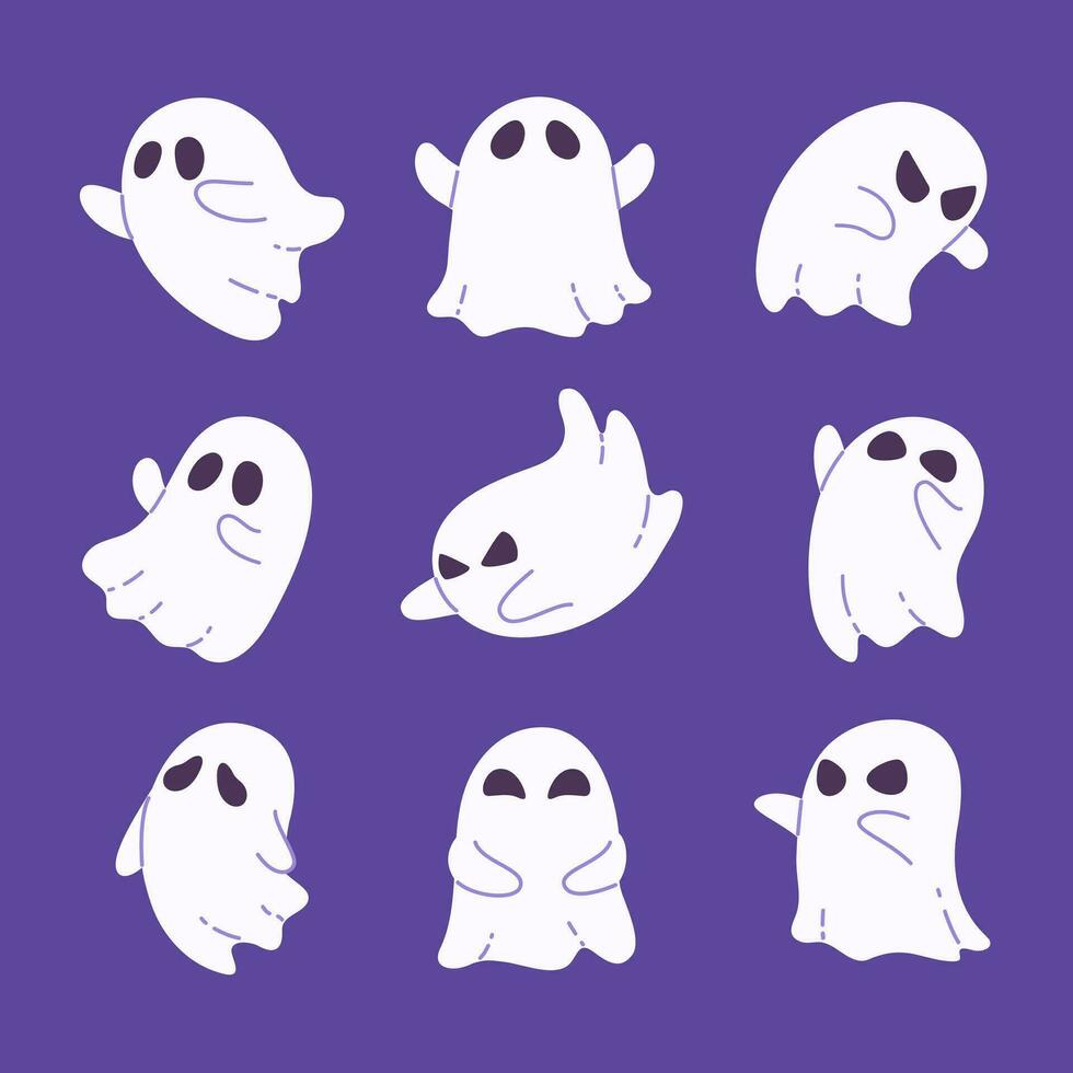 Collection of ghosts in white robes with scary faces. for decoration on Halloween vector