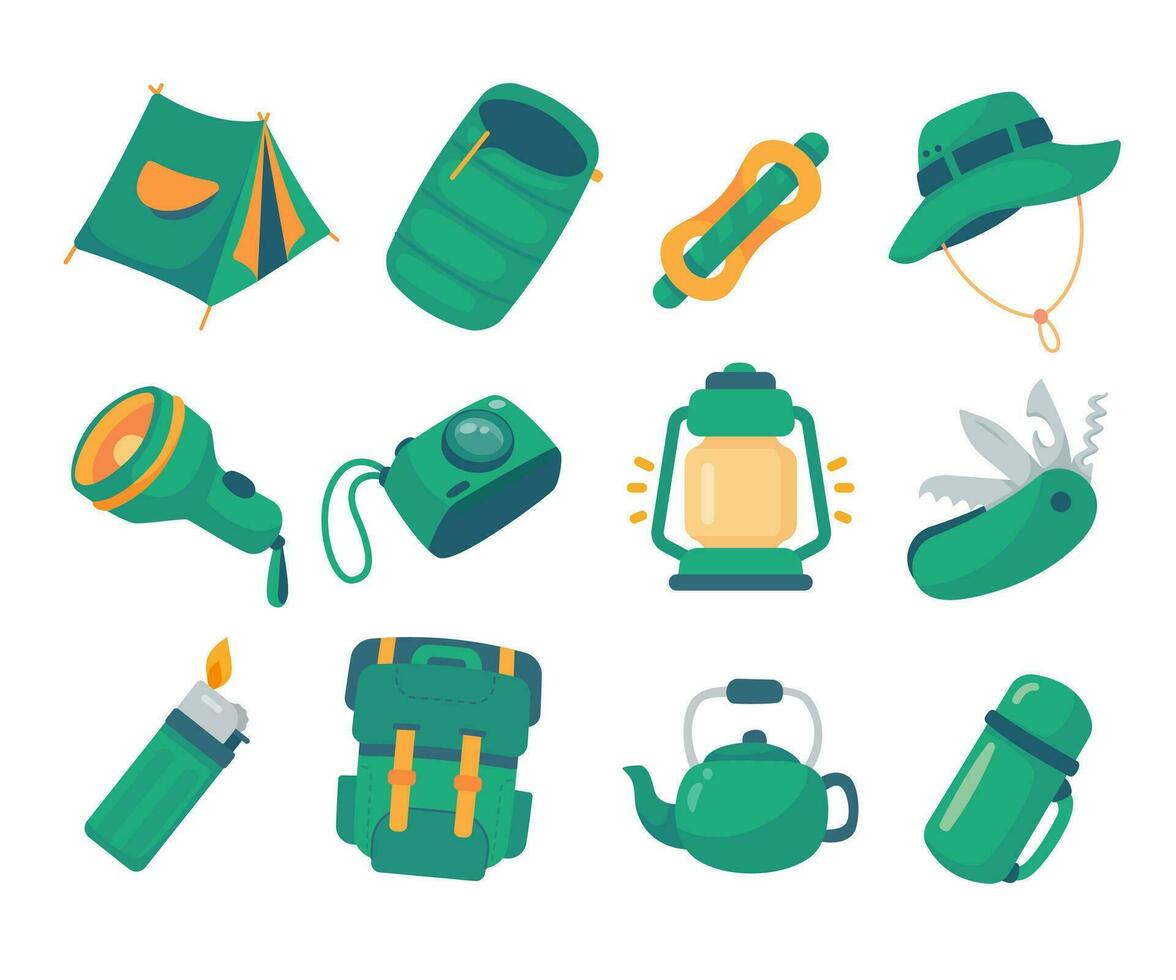 Set of camping elements. Tents, bonfires and equipment for resting in the forest vector