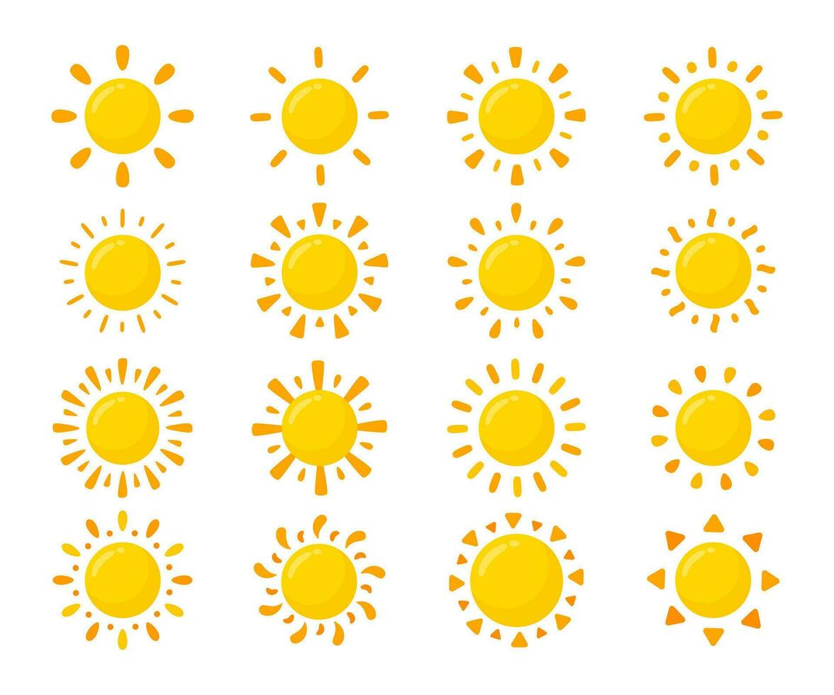 yellow sun icon Simple cartoon style design. The rays of the sun in summer vector