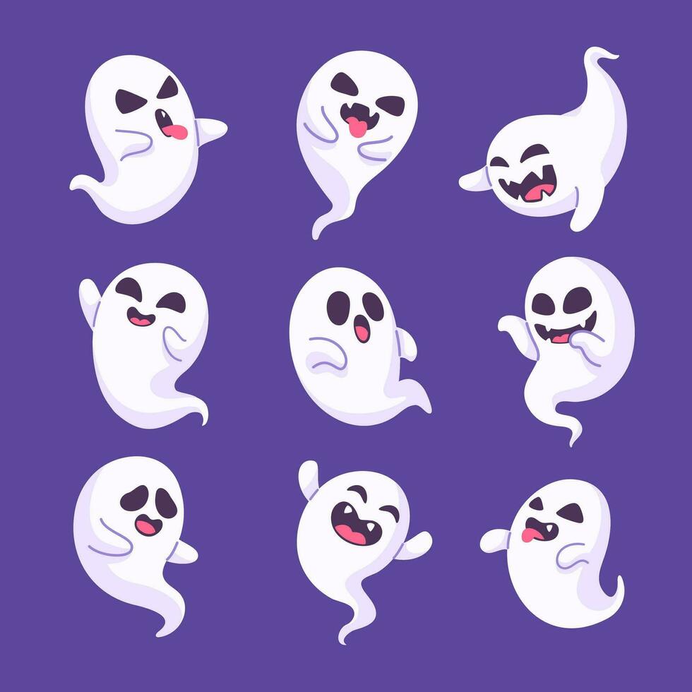 Collection of ghosts in white robes with scary faces. for decoration on Halloween vector