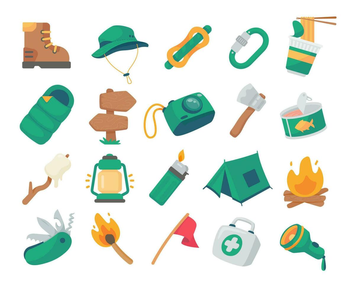 Set of camping elements. Tents, bonfires and equipment for resting in the forest vector