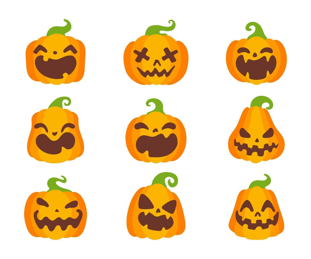 Collection of yellow pumpkins carved ghost faces for Halloween. vector
