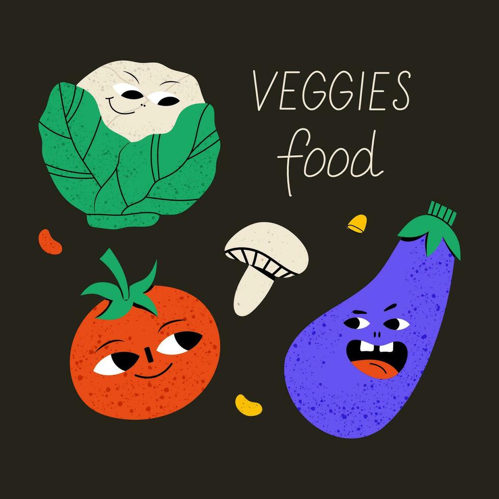 vegetariano póster con eslogan. linda vegetal personaje con gracioso kawaii rostro. mano dibujado dibujos animados linda ilustración para pegatinas, carteles, pared Arte. verano impresión. repollo, champiñón, tomate vector