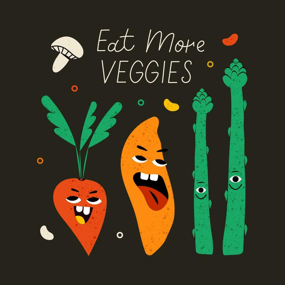 Vegetarian poster with slogan. Cute vegetable character with funny kawaii face. Hand drawn cartoon cute illustration for stickers, posters, wall art. Summer print. asparagus, sweet potato, vector