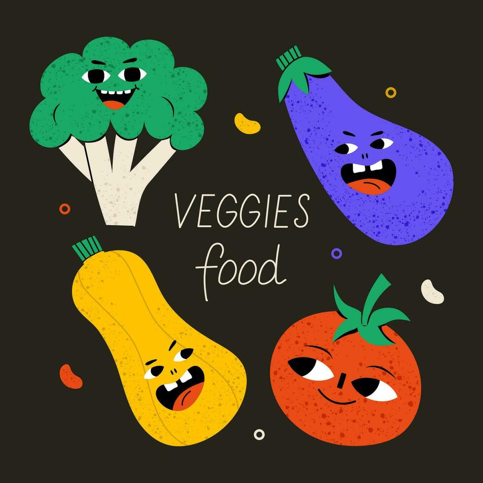 Vegetarian poster with slogan. Cute vegetable character with funny kawaii face. Hand drawn cartoon cute illustration for stickers, posters, wall art. Summer print. pumpkin, broccoli, cabbage, tomato vector