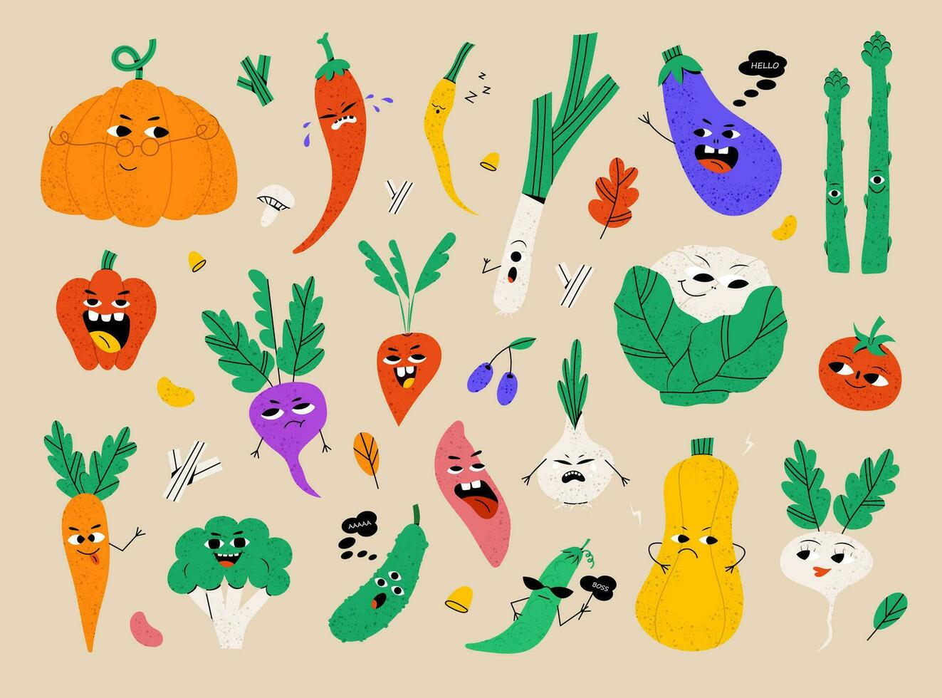 gracioso dibujos animados vegetal caracteres con varios cara expresión. sano comida vector ilustración. cosecha colección en plano estilo demostración diferente emociones contento sonriente sano comida colocar.