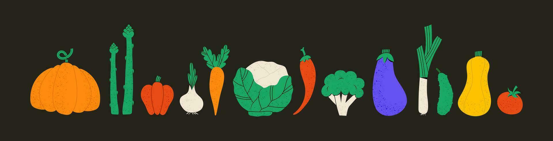 Collection of hand drawn vegetable illustrations isolated on white background. Bundle of fresh delicious vegan diet vegetarian products, wholesome healthy food, cooking ingredients. Flat cartoon style vector