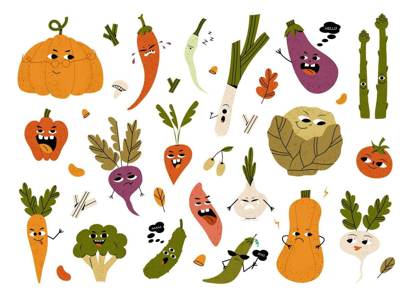 linda vegetal caracteres con gracioso kawaii caras. contento sonriente sano comida colocar. divertido calabaza, rábano, brócoli, cebolla, tomate. niños plano gráfico vector ilustraciones aislado en blanco antecedentes