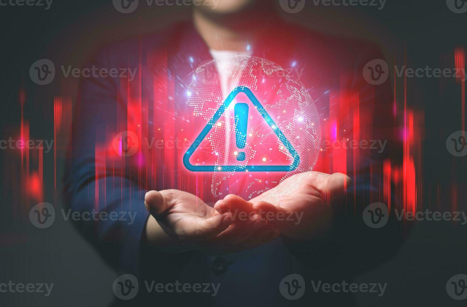 Precautions for use IOT Network technology that facilitates communication between devices and cloud Internet. Businessman showing virtual world with warning signs of Prohibition, Dangers of Networks. photo