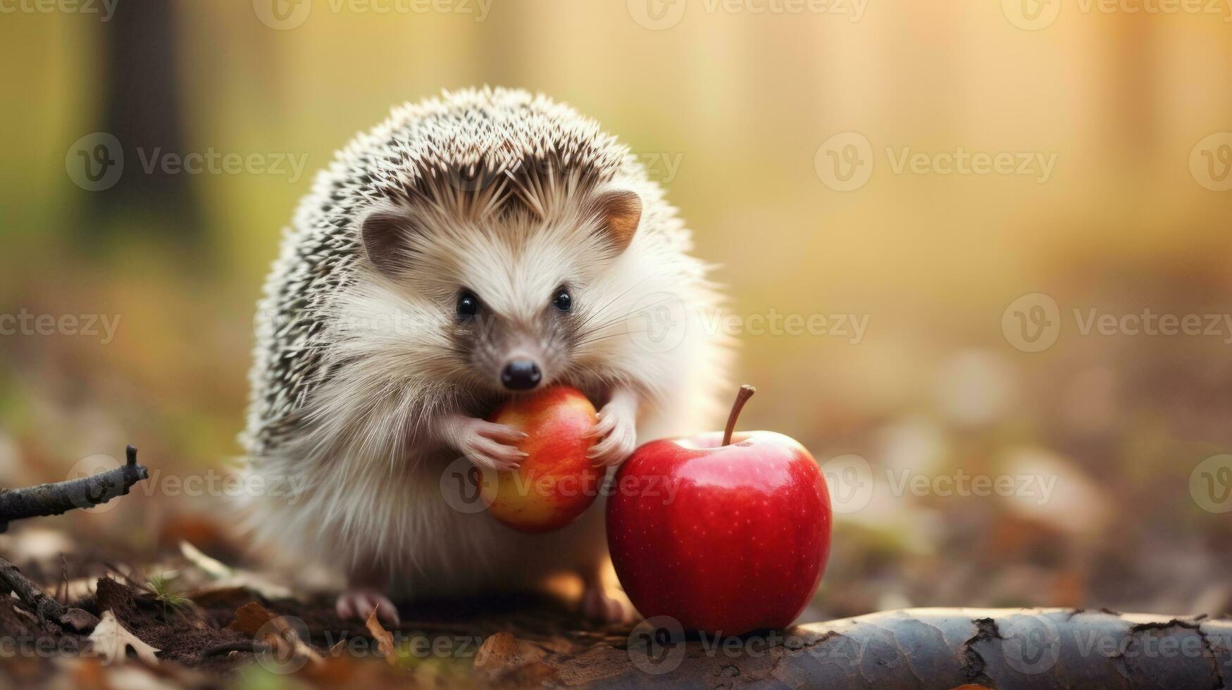 Cute hedgehog in forest with apple photo