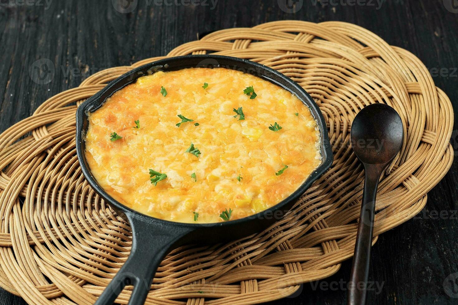 Korean Corn Cheese in Cast Iron Skillet Frying Pan photo