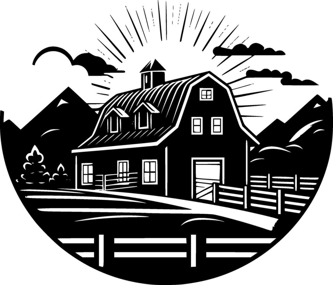 Farmhouse, Black and White Vector illustration