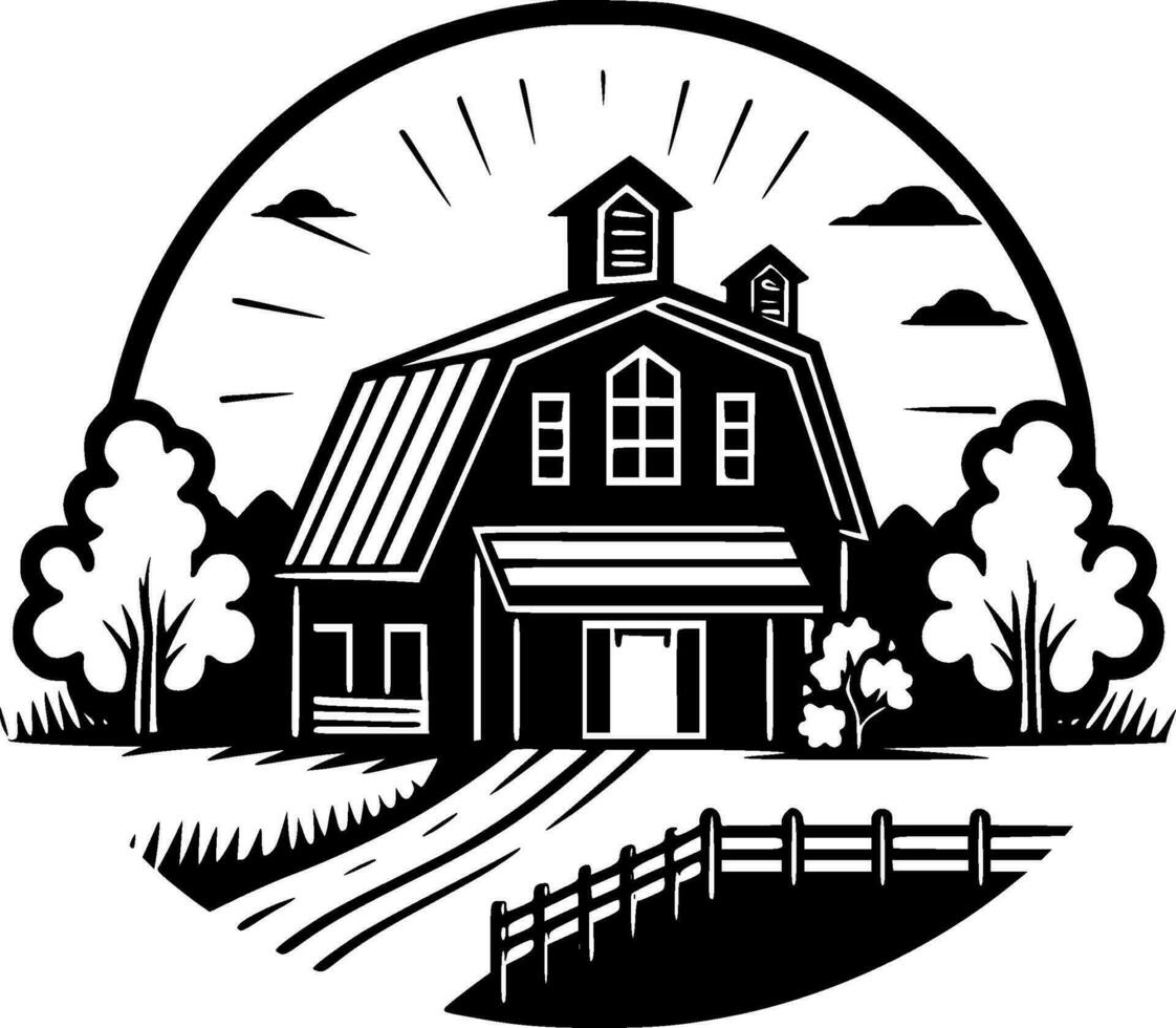 Farmhouse, Black and White Vector illustration