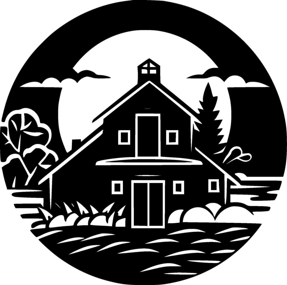 Farmhouse, Black and White Vector illustration