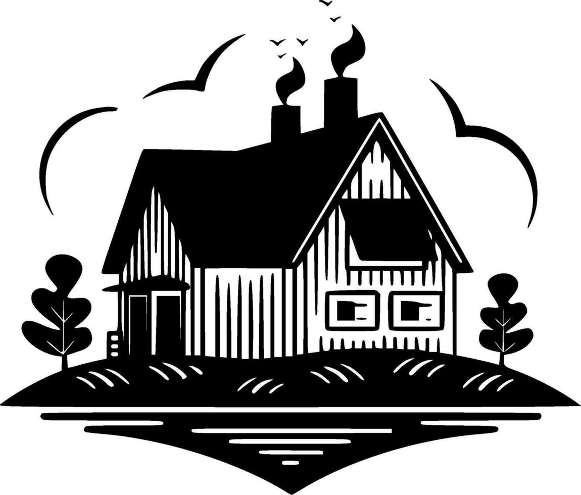 Farmhouse, Black and White Vector illustration