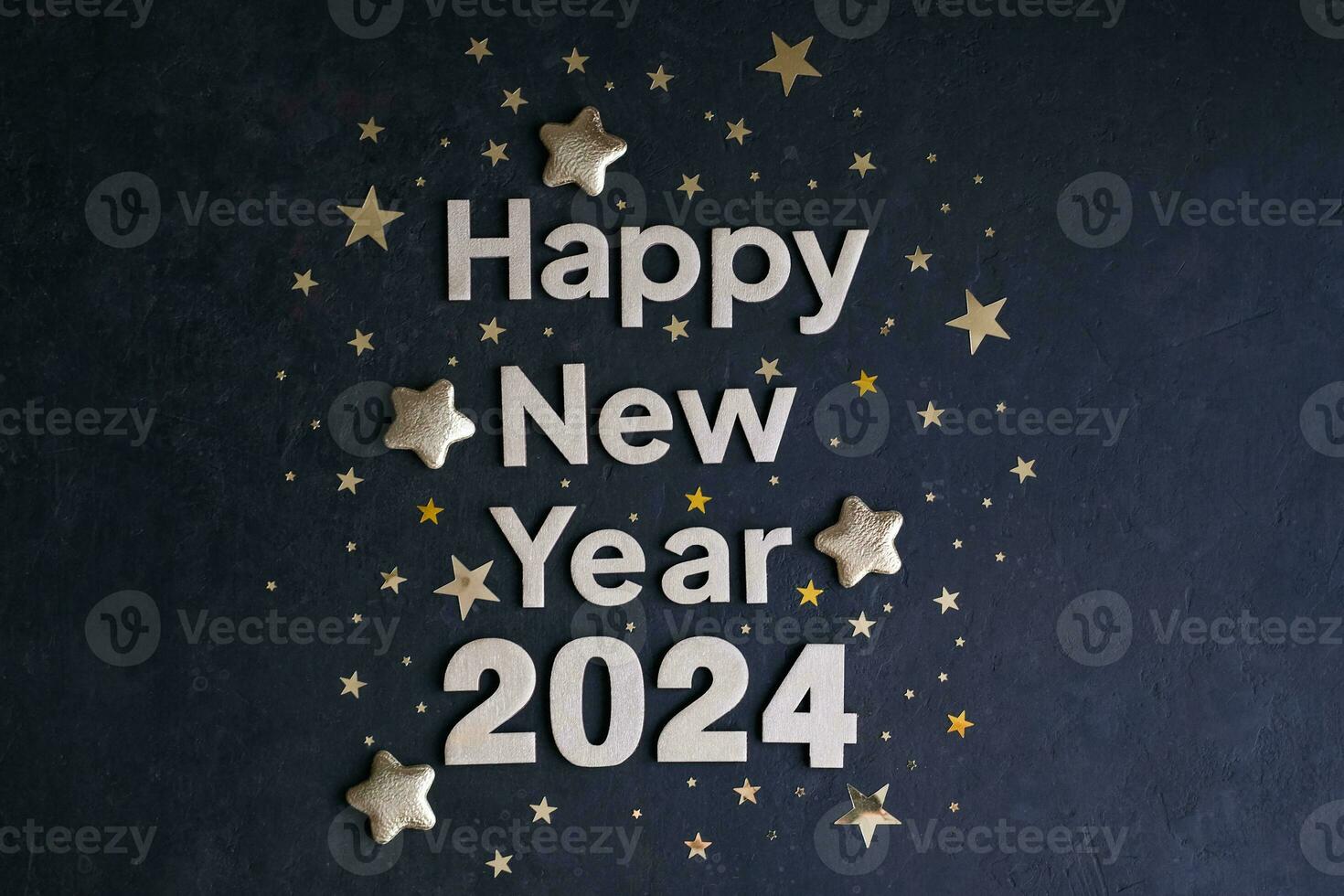 Happy New Year 2024. Golden numbers 2024 with gold stars on a dark background. New Year greeting card photo