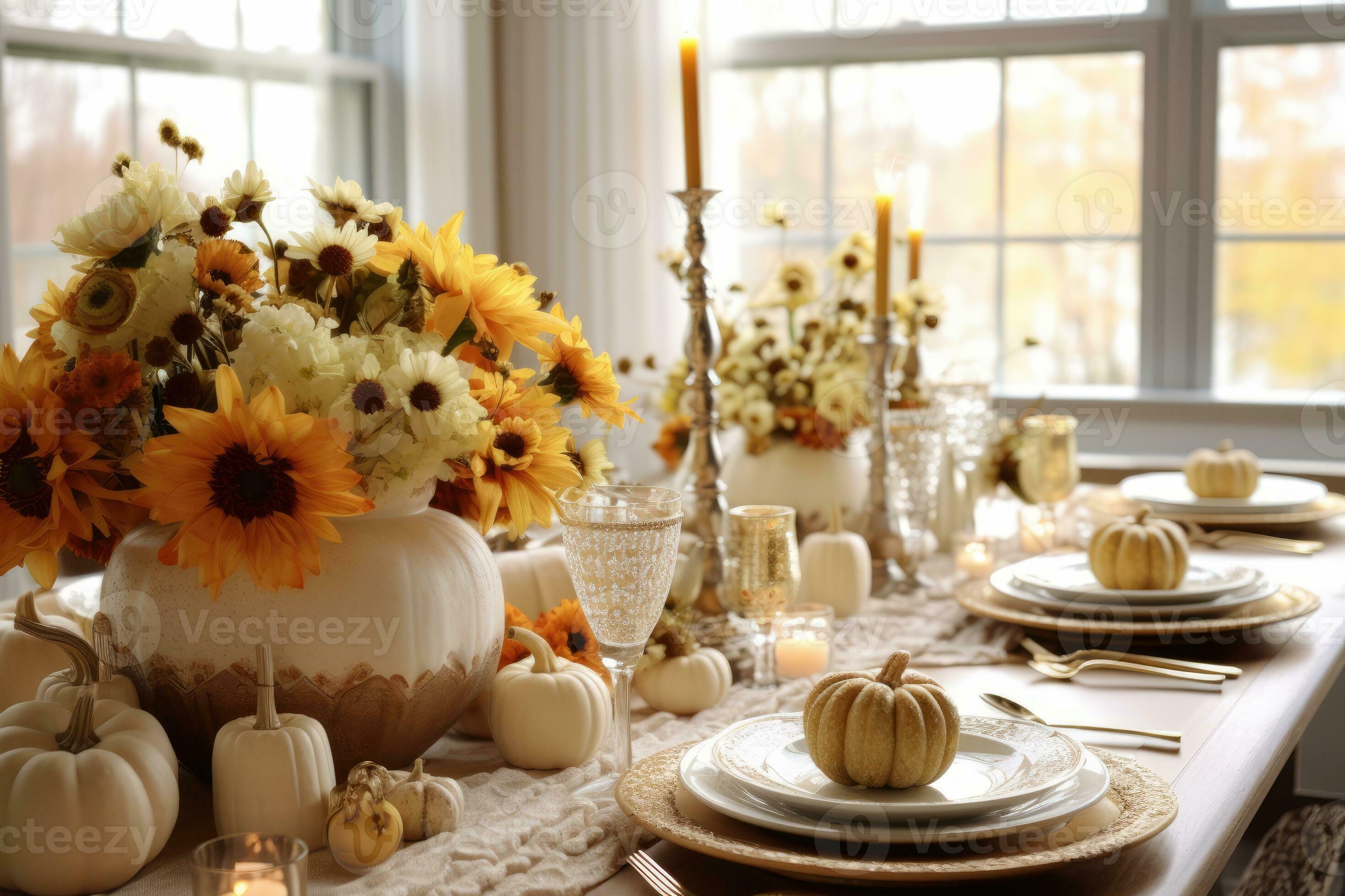 Thanksgiving dinner table setting in a light modern dining room ...