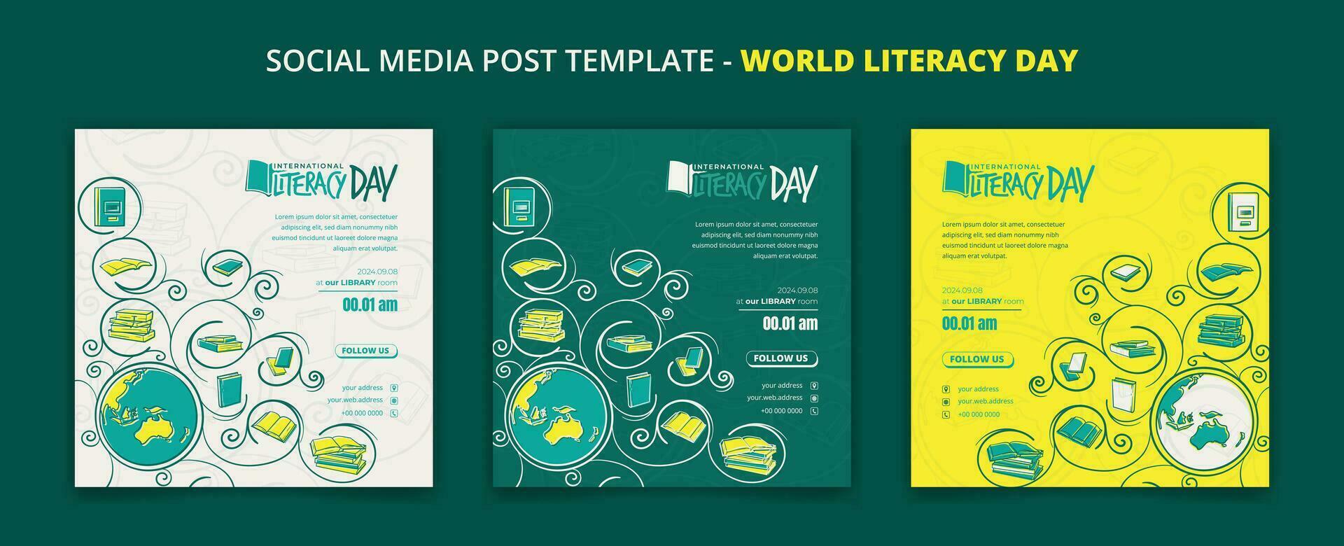 Social media post template with globe and book in ornamental design for international literacy day vector