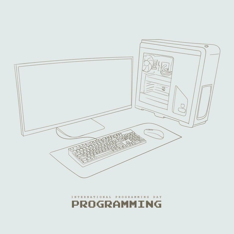 Desktop computer hand drawn design for computer day or programming day template vector