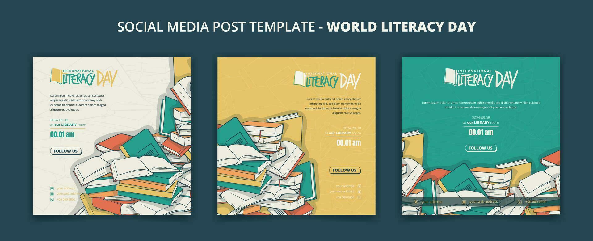 Set of social media post template with books background design for world literacy day campaign vector