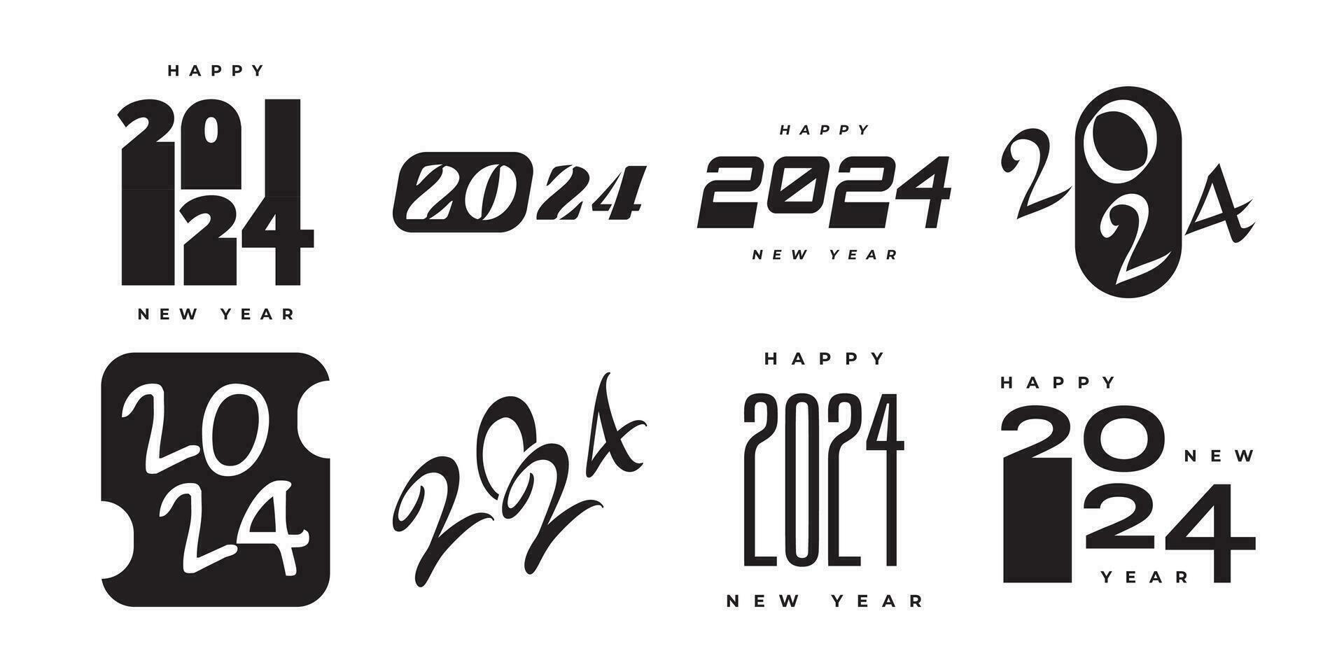 Set of 2024 Happy New Year Logo Text Design. 2024 Numbers or Labels with Black Color Isolated on White Background. New Year Symbol vector