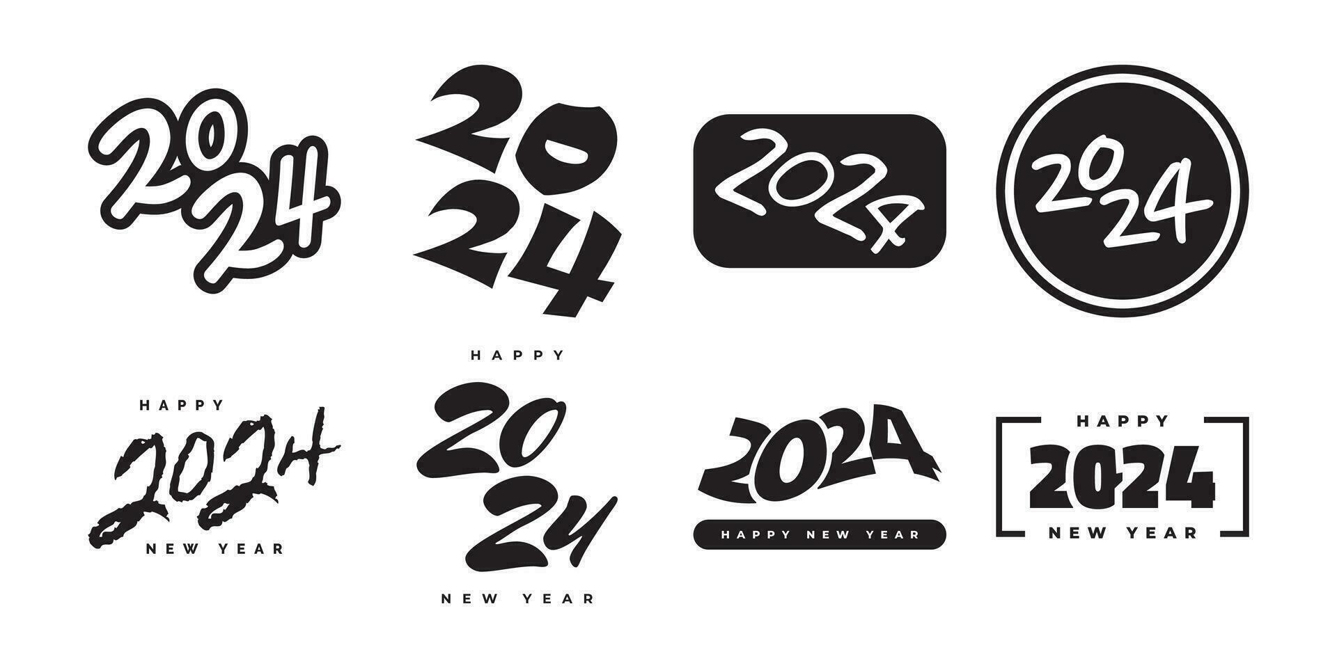 conjunto de 2024 contento nuevo año logo texto diseño. 2024 números o etiquetas con negro color aislado en blanco antecedentes. nuevo año símbolo vector