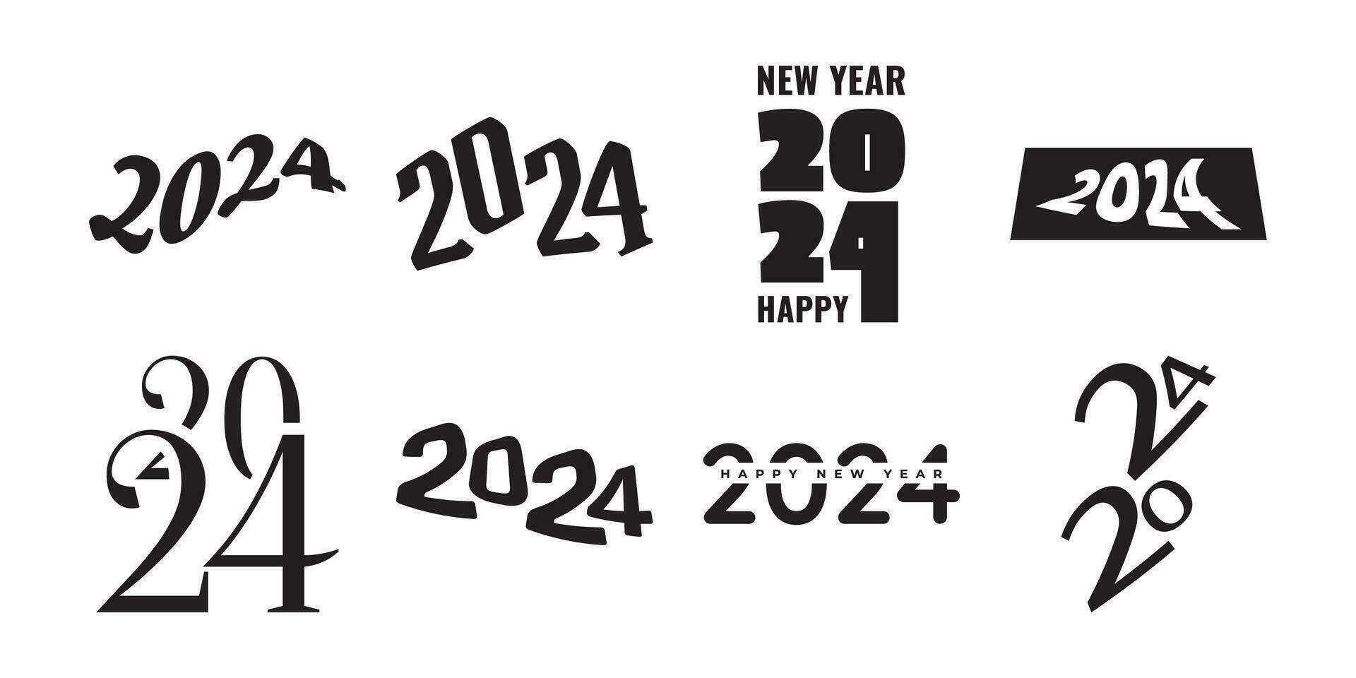 Set of 2024 Happy New Year Logo Text Design. 2024 Numbers or Labels with Black Color Isolated on White Background. New Year Symbol vector