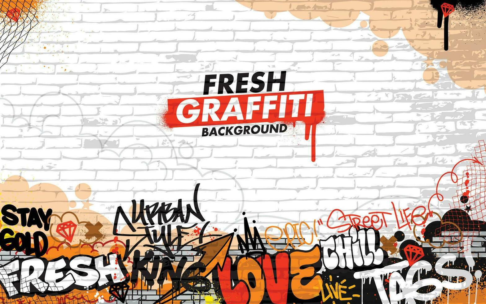Graffiti background with throw-up and tagging hand-drawn style. Street art graffiti urban theme in vector format.
