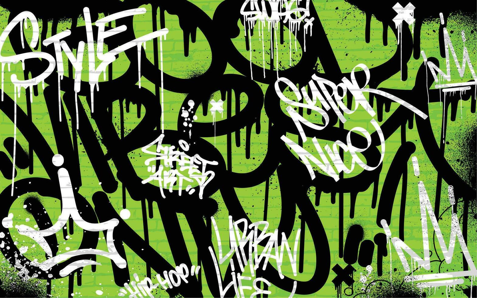 Graffiti background with throw-up and tagging hand-drawn style. Street art graffiti urban theme in vector format.