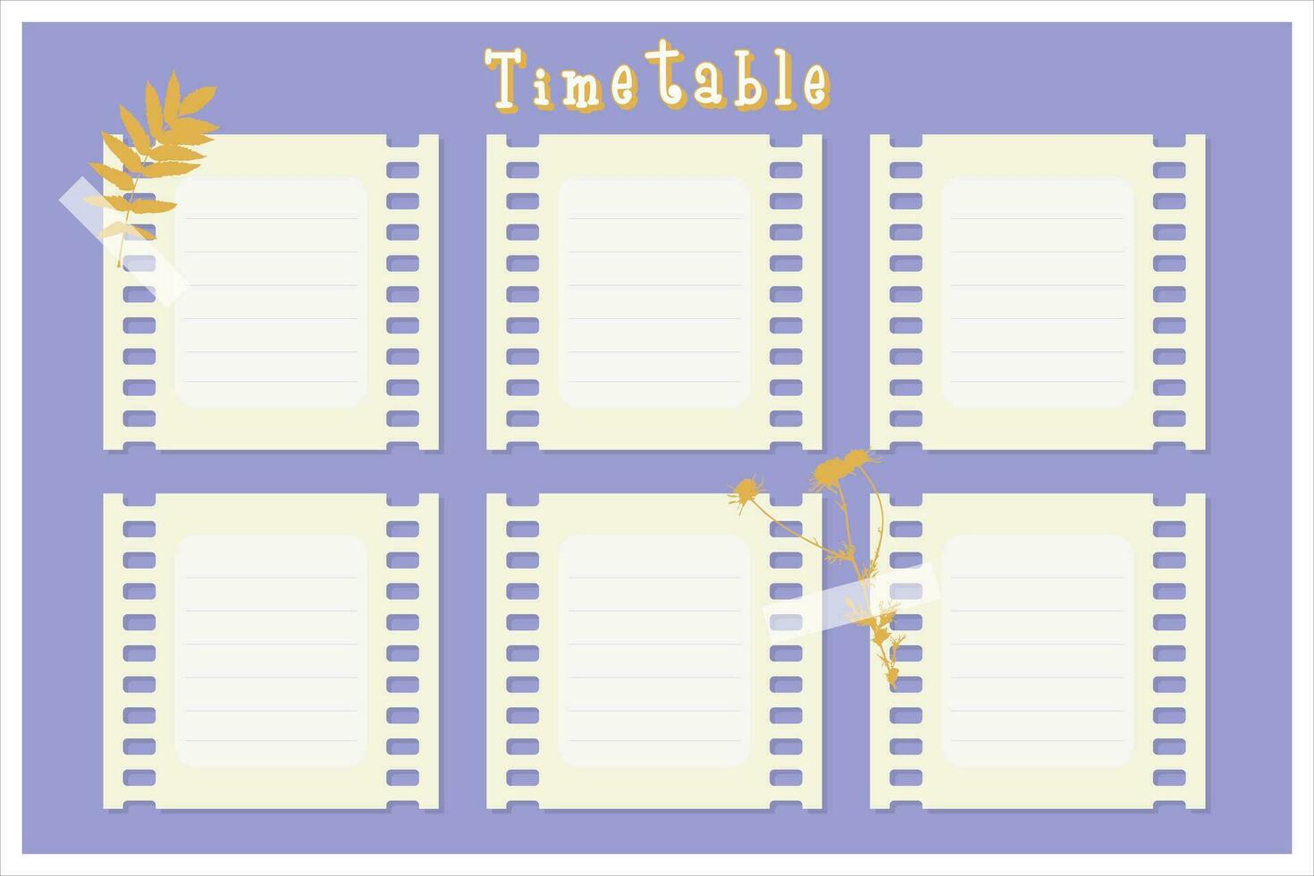 Timetable Class schedule, weekly violet calendar. Organizer information template, film, camomile print, herbarium. vector