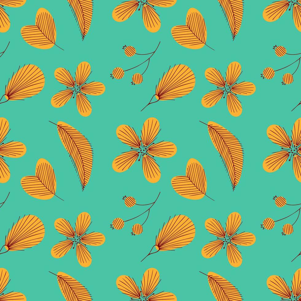 Autumn pattern with doodle leaves and flowers and berry. vector
