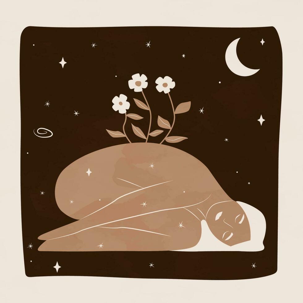 boho póster con un acostado mujer desde cuyo espalda flores crecer. esperanza concepto. moderno hembra impresión. noche cielo, luna, estrellas. valores vector ilustración.