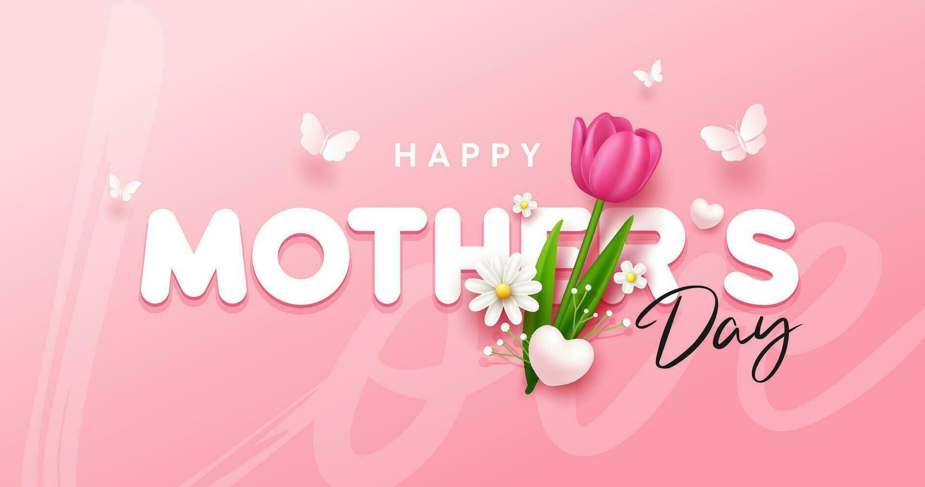 contento de la madre día con tulipán flores y mariposa bandera diseño en rosado fondo, eps10 vector ilustración.