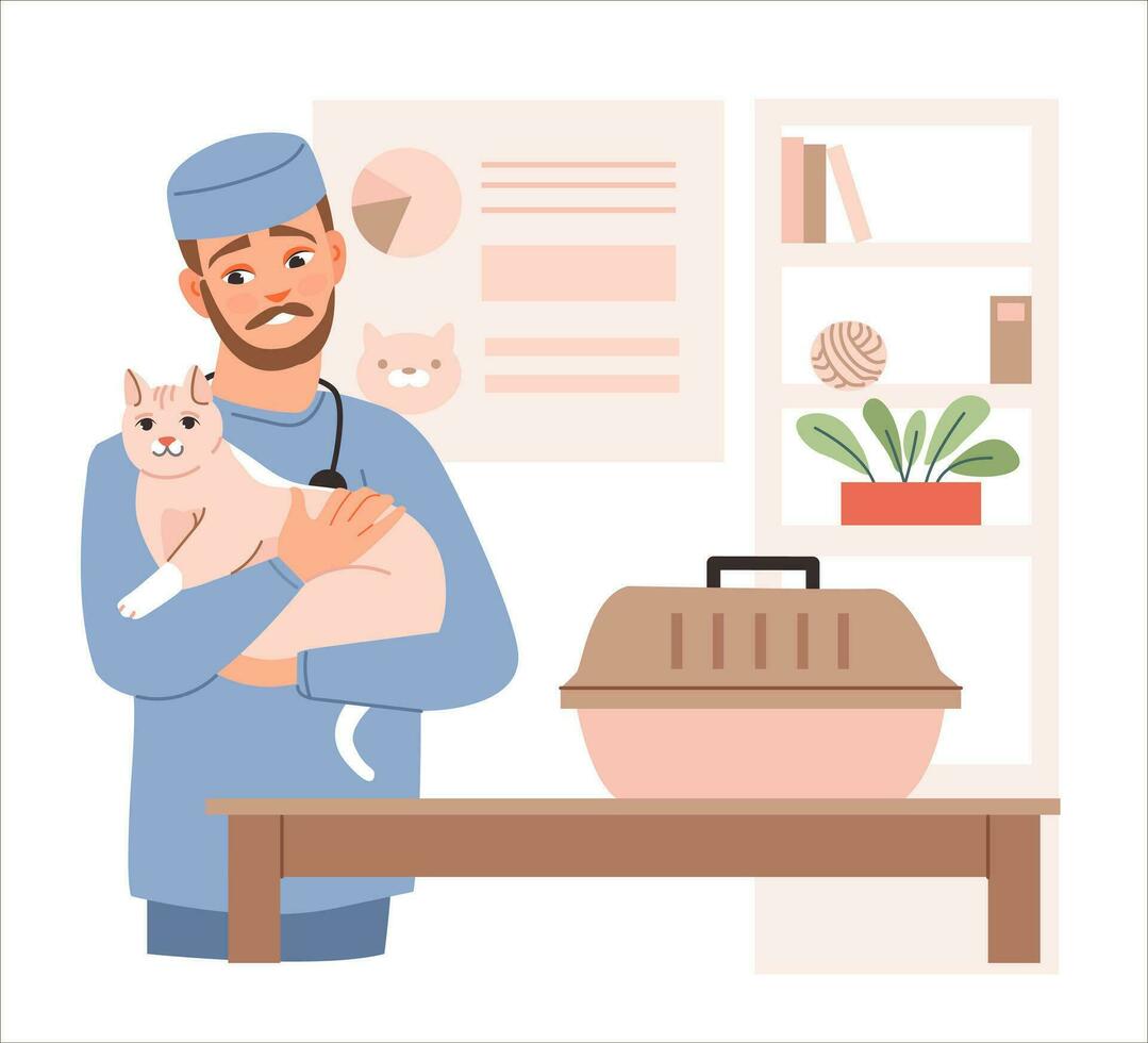 Veterinary doctor examines the cat. Pets in a veterinary clinic. Flat vector illustration.