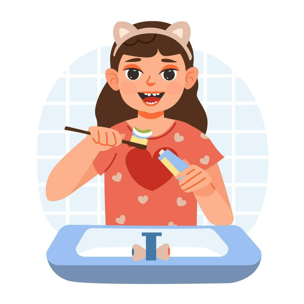 Dental hygiene. Baby girl brushing her teeth in pajamas. Flat vector illustration.