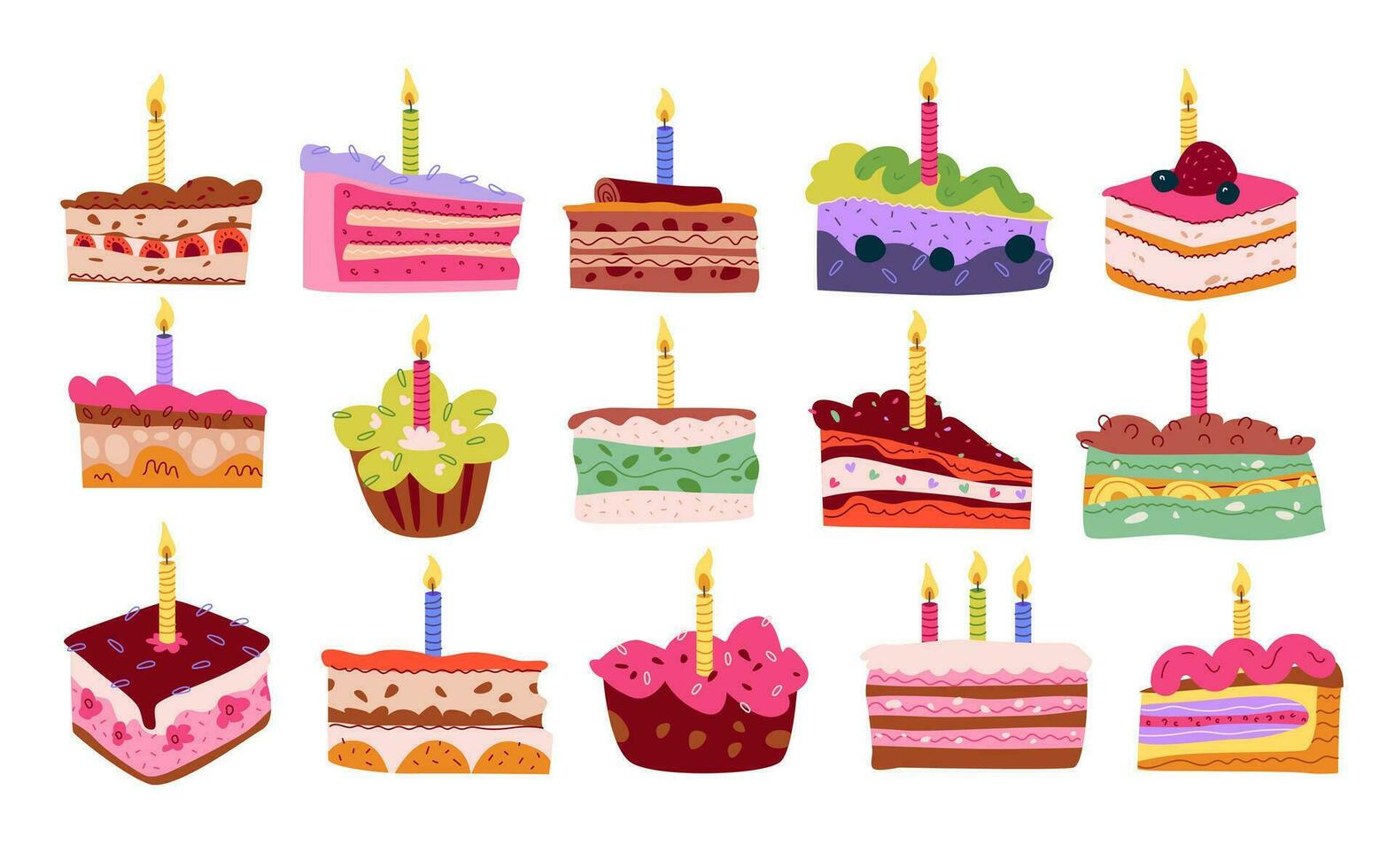 Pieces of a festive cake with candles. Birthday cake. Hand-drawn vector illustration.