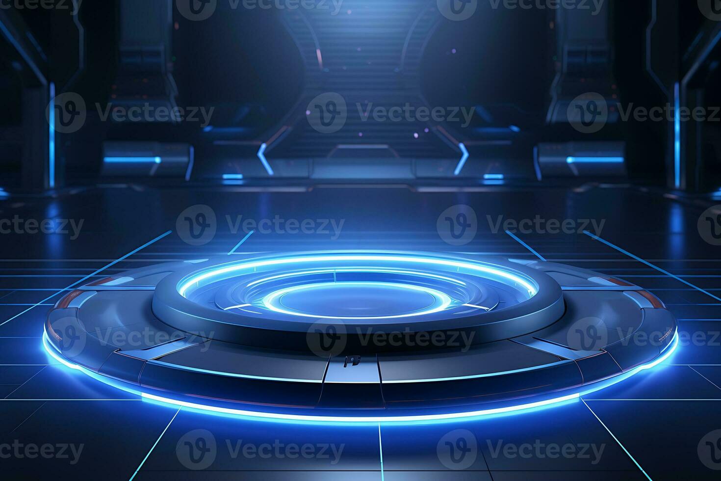 Futuristic stand or podium background. sci-fi display scene, space from the windows of a spaceship AI Generative Illustration photo