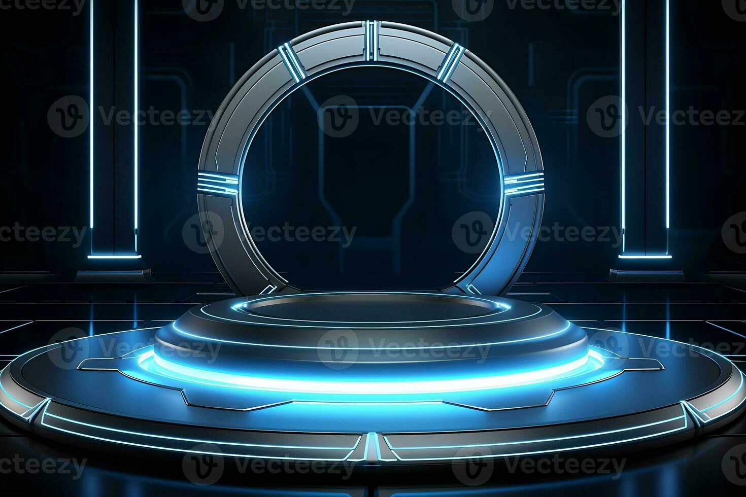 Futuristic stand or podium background. sci-fi display scene, space from the windows of a spaceship AI Generative Illustration photo