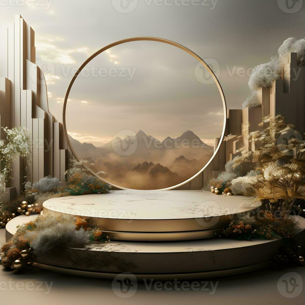 Landscape layout 3d rendering empty mockup scene of concrete texture podium for the product template, generative ai photo
