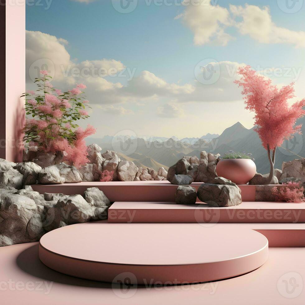 Landscape layout 3d rendering empty mockup scene of concrete texture podium for the product template, generative ai photo