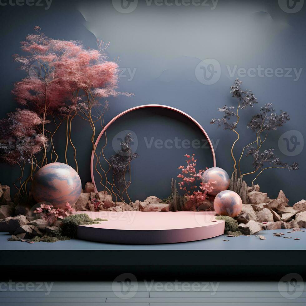 Landscape layout 3d rendering empty mockup scene of concrete texture podium for the product template, generative ai photo