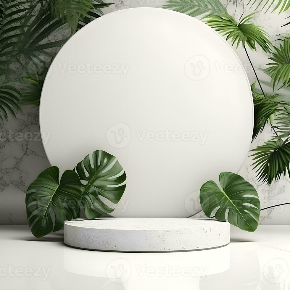 3d render empty space white podium with monstera leaf house plant Podium for product shoot. AI Generative Illustration. photo