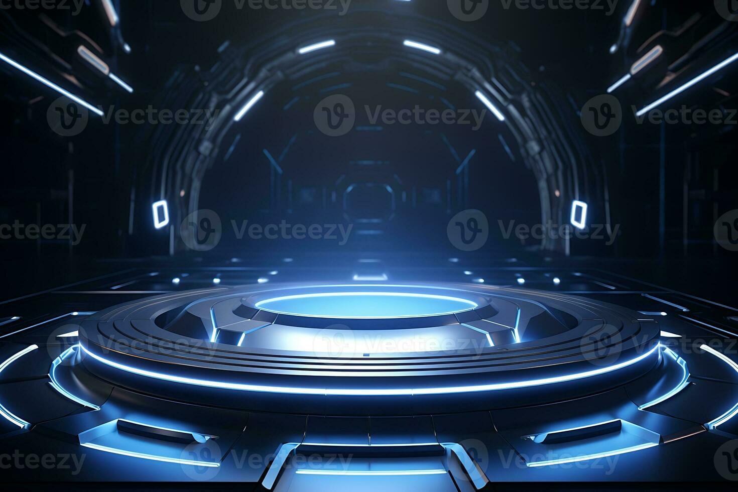 Futuristic stand or podium background. sci-fi display scene, space from the windows of a spaceship AI Generative Illustration photo
